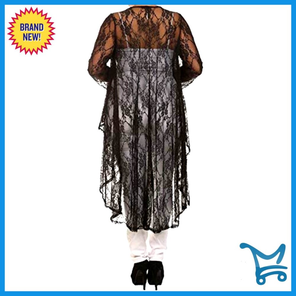 Sheer Lace Long Sleeve Open Front Asymmetric Hem Duster Cardigan - Picture 2 of 2